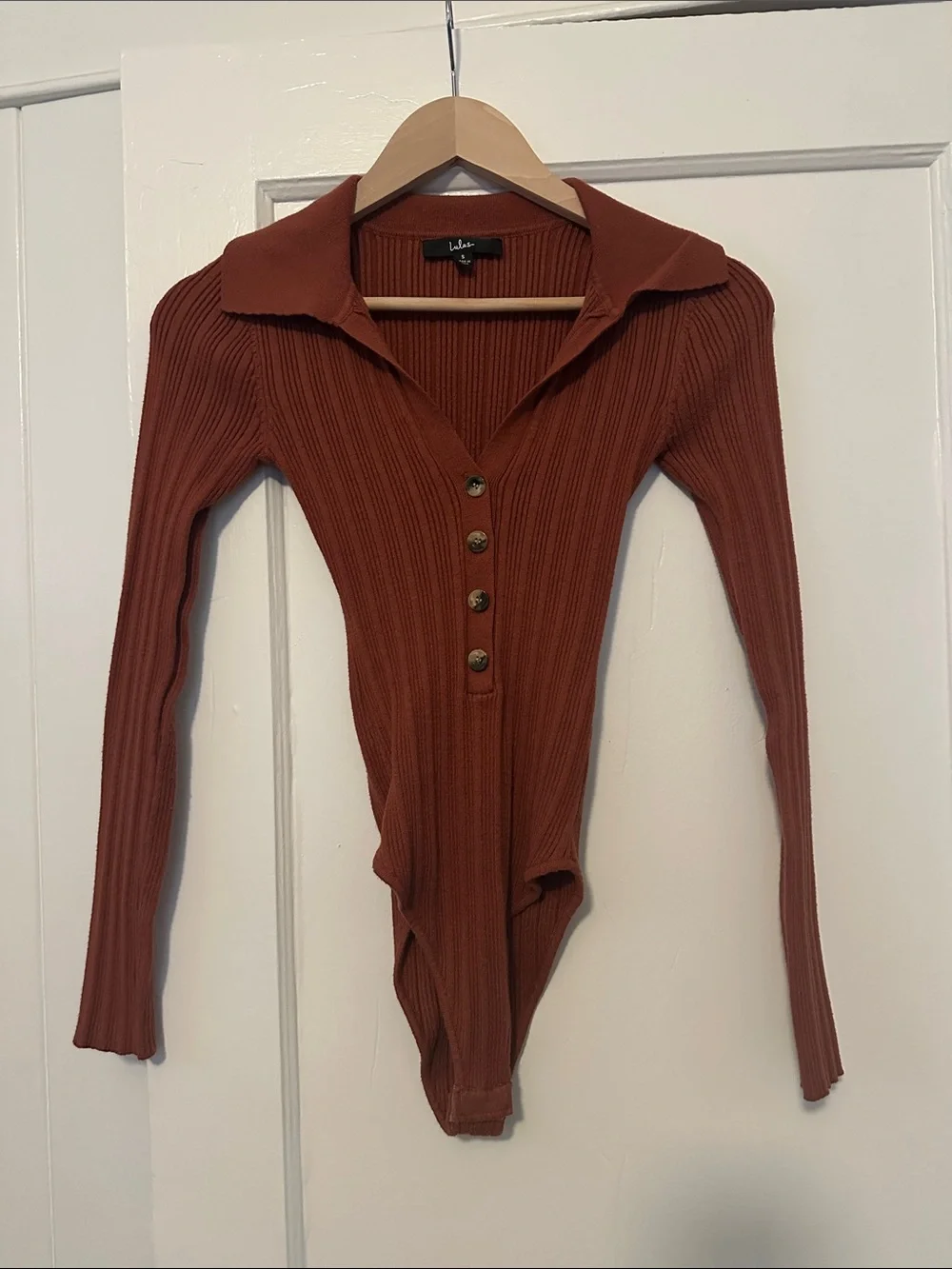 Lulu's Ribbed Long-Sleeve Button-Up Bodysuit in Rust - Picture 1 of 3